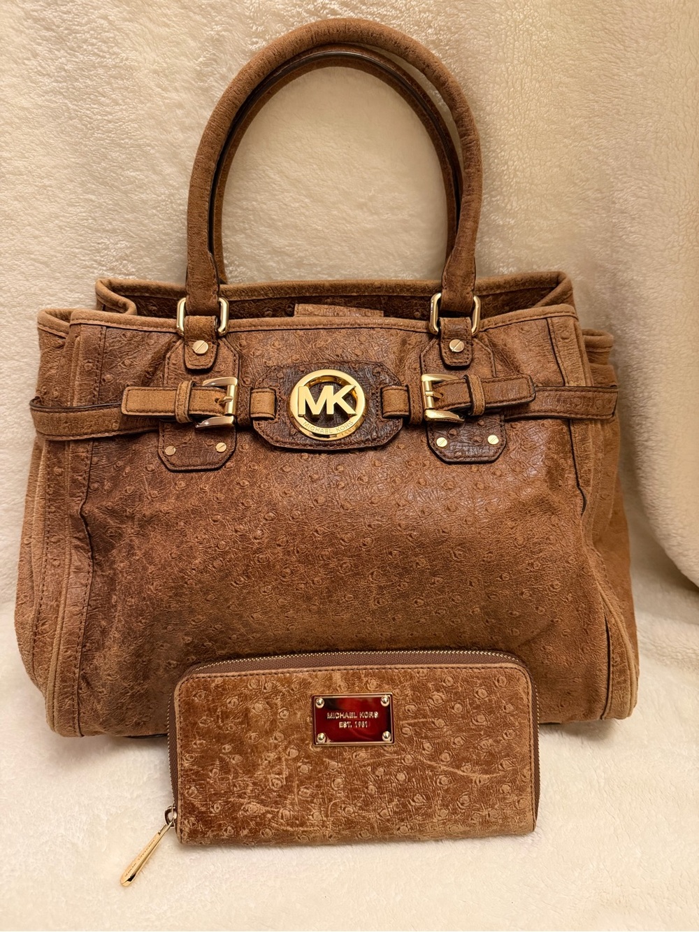 Michael Kors Hamilton Ostrich Embossed Satchel Bag & Zip Wallet Set Brown Tan